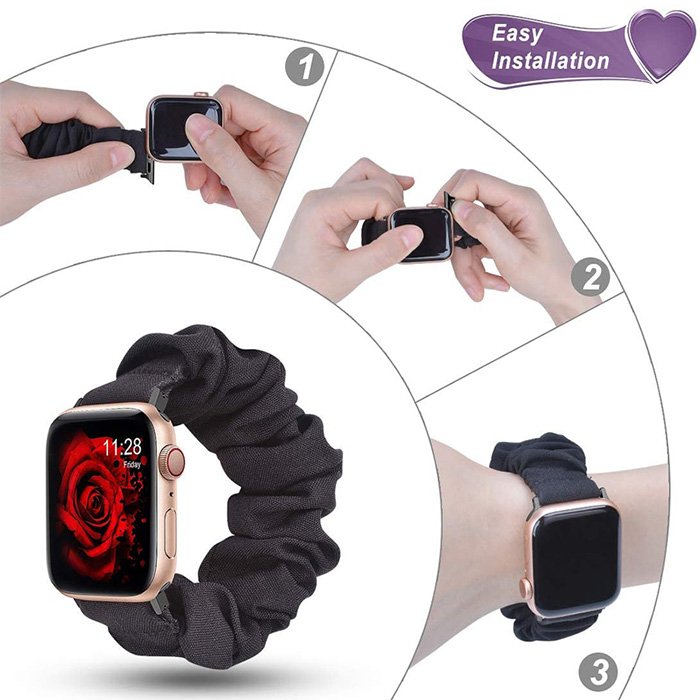 Qidian Stock Scrunch Hair Wrist Band Elastic Watch Strap Fabric Scrunchie Smart Watch Band For Apple Watch Series 8 7 6