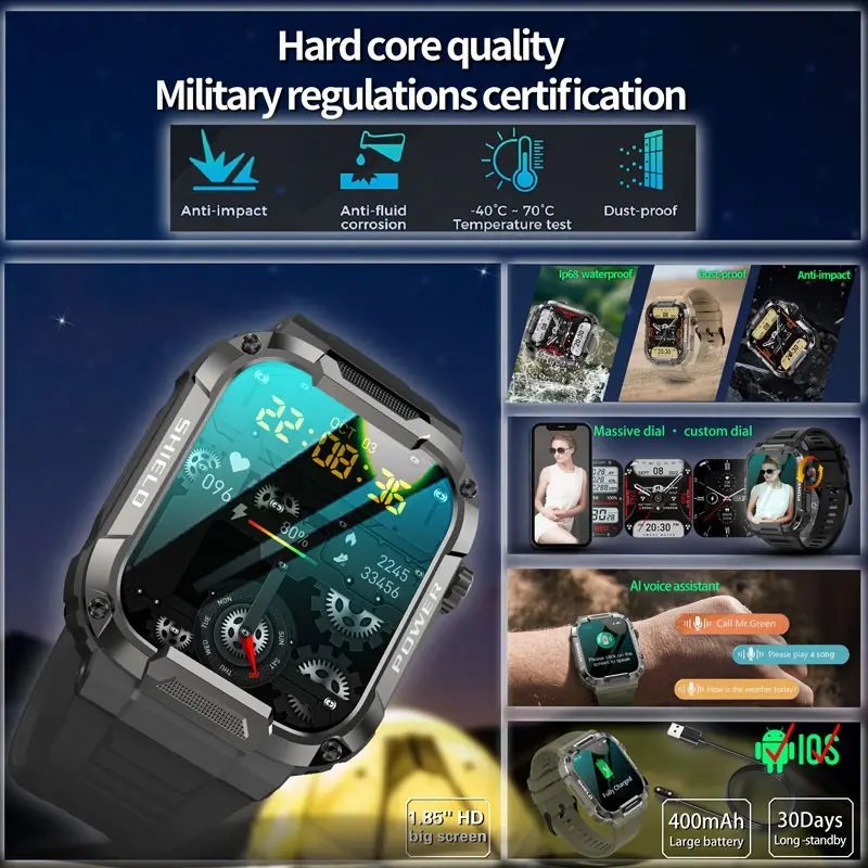 Hot outdoor smart watch mk66 2023 rugged 1.85inch reloio reloj inteligente montre mk66 smartwatch with chip rtl8763e