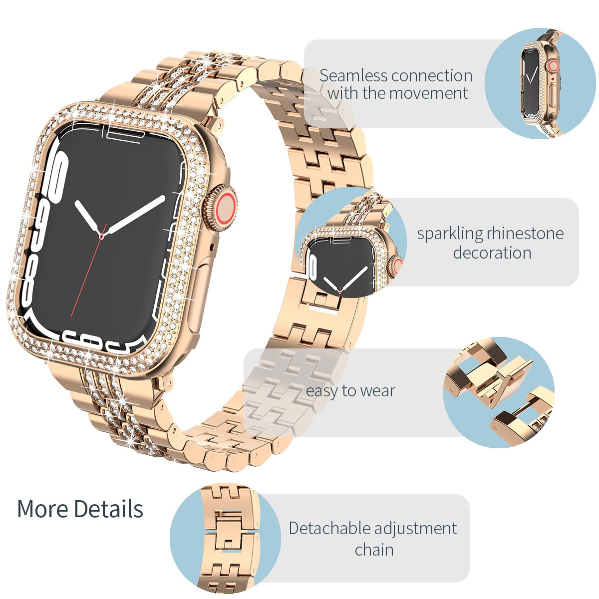 Yapears Fashion Metal Diamond Smart Watch Strap With Case All in one For Iwatch Series 8 Ultra Band For Iwatch 45mm 49mm