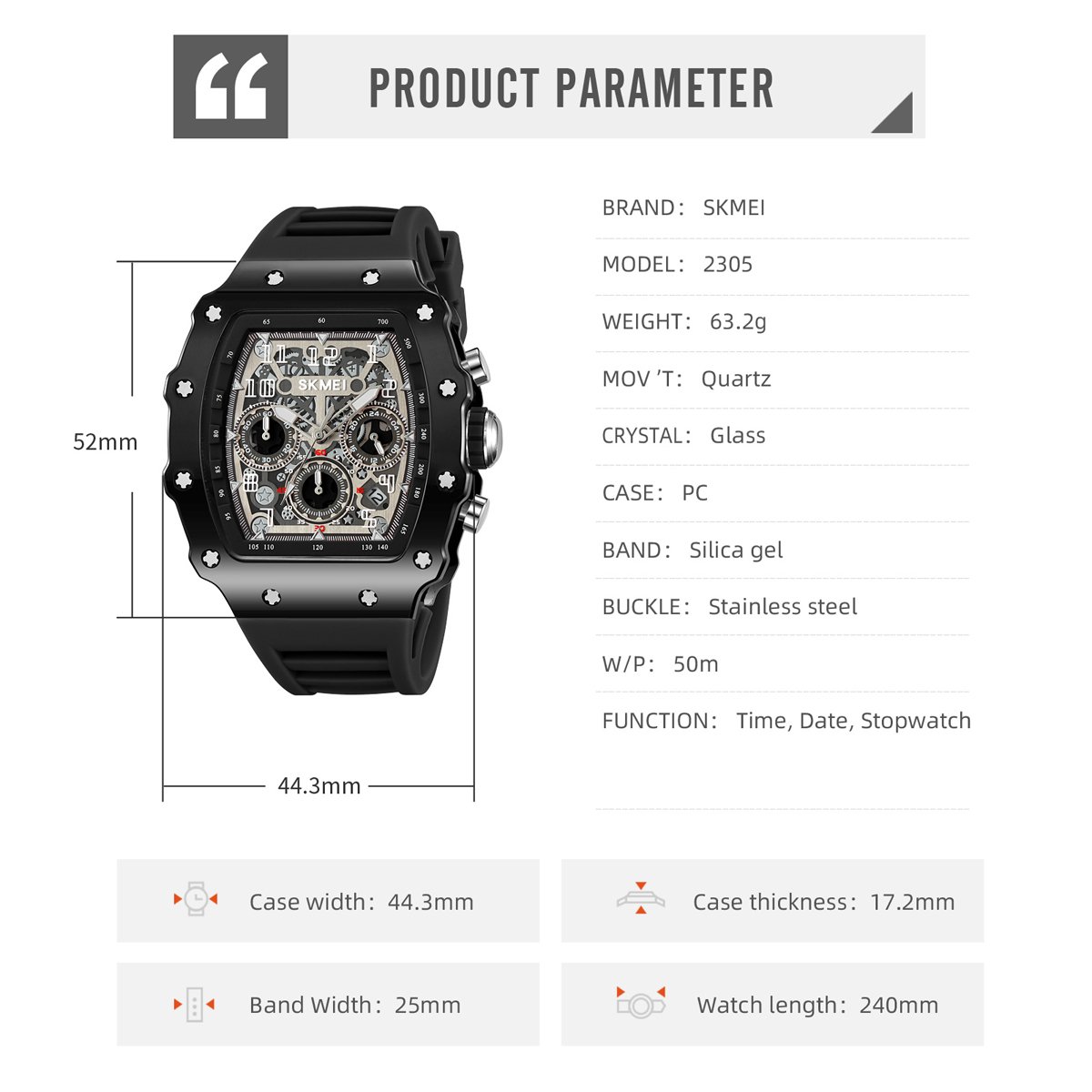 Quartz watches For Men Transparent Case Waterproof watch For Men Logo Customization Three-eye Silicone watch Band Men Wristwatch