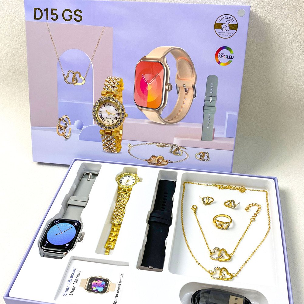 D15 GS Fitness Wrist Smart Watch Suits Delicate Luxury Gold Bracelet with Diamond Sport Smartwatch 6 in 1 Set Gift Box d15gs