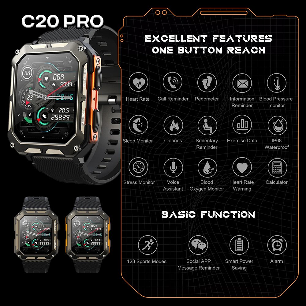 C20 Pro Smartwatch Uomo Heart Rate Multiple Sports Mode Waterproof Hot Adventure Mens Smart Watches C20Pro