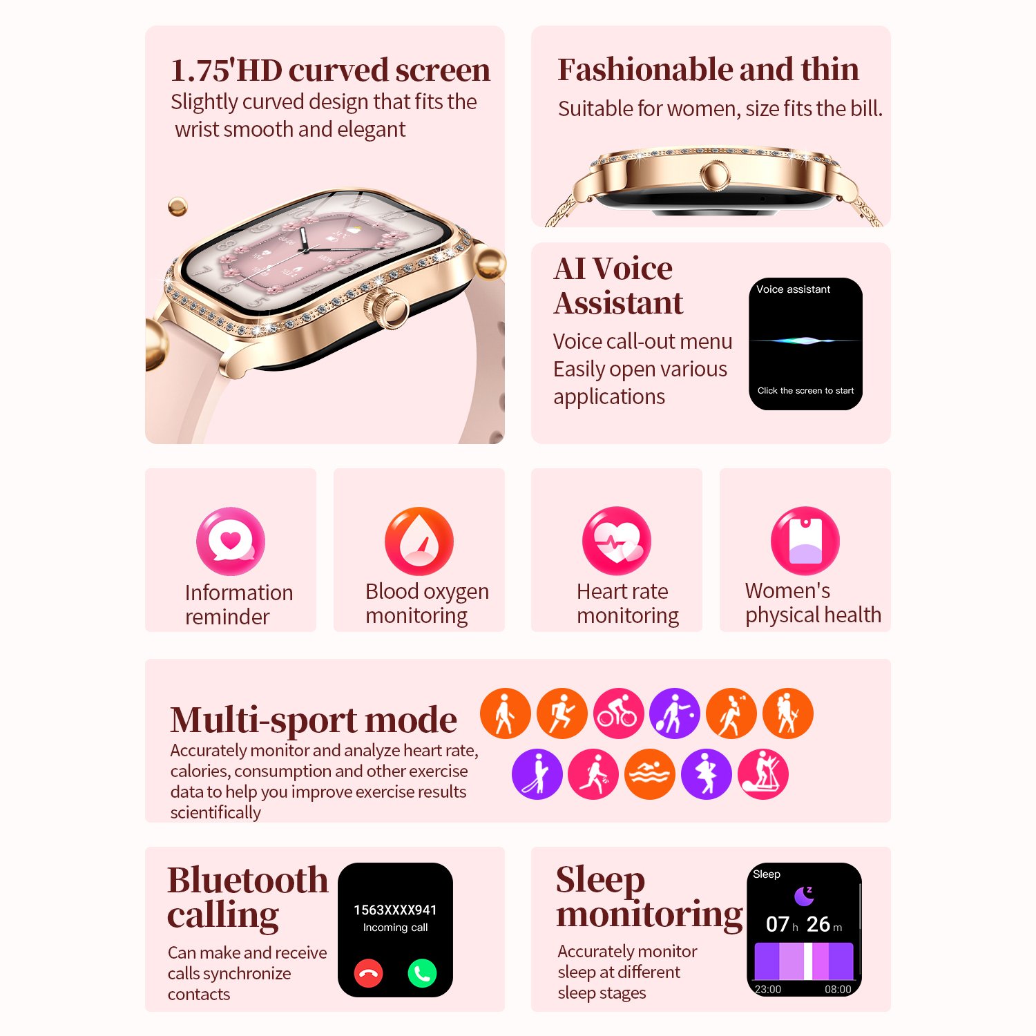 2 Straps Ladies Health monitoring 1.75 inch Sports Smartwatch Reloj inteligente Montre Fashion Smart watch for girls women