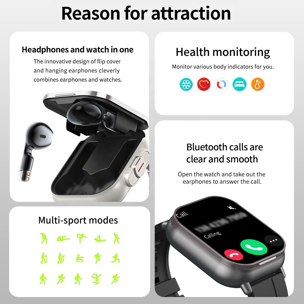 D8 2-in-1 TWS Smartwatch con auriculares 2 en 1 Health Sleep tracker Dial Answer Call Smart watch with Earbuds Headphone 2 en 1