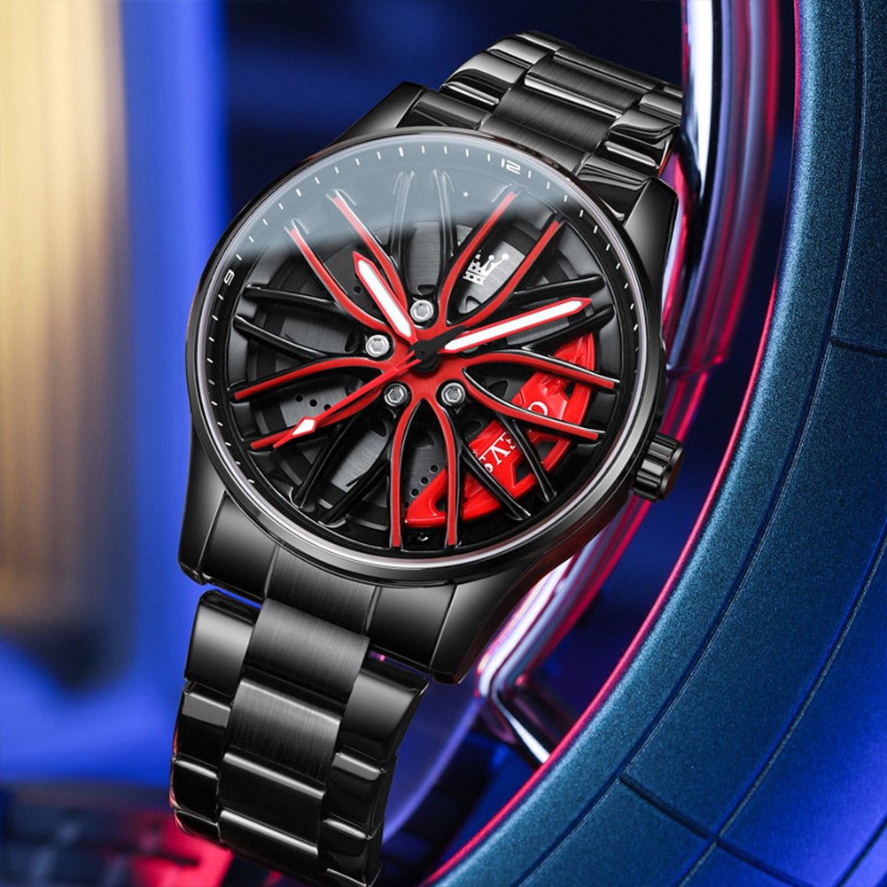 Top Band Unique Creative Designer Quartz Men Watch Waterproof Car Wheel Spin Rotate 3D Hollow Steel Quartz Watch