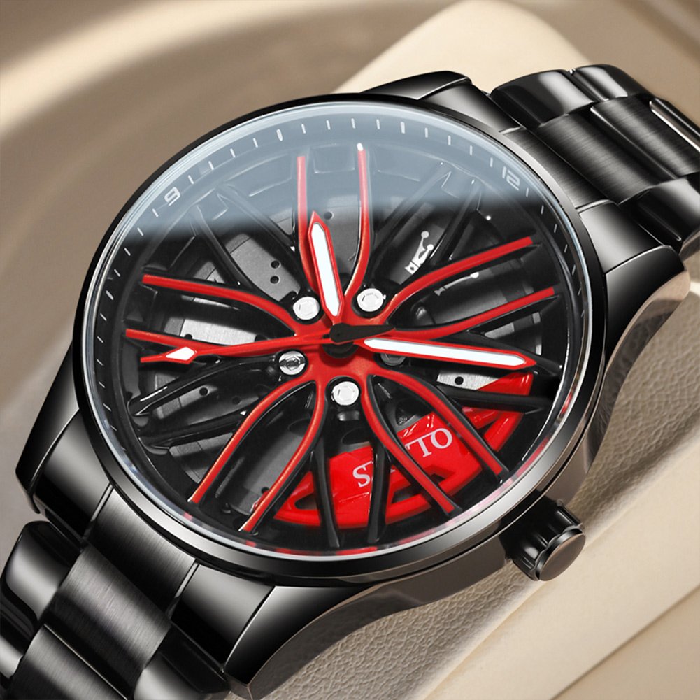 Top Band Unique Creative Designer Quartz Men Watch Waterproof Car Wheel Spin Rotate 3D Hollow Steel Quartz Watch
