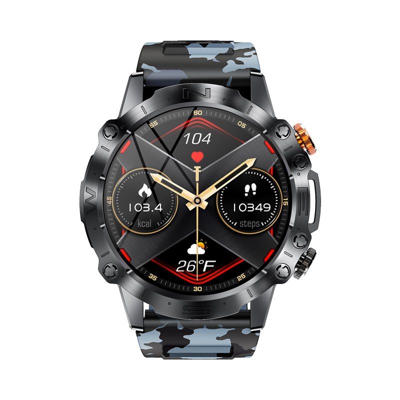 Karen M Hot AMOLED Smart Watch K59 with Camouflage Strap, 1.43inch 466*466 Display 380mAh Battery Phone Call Fitness Smartwatch