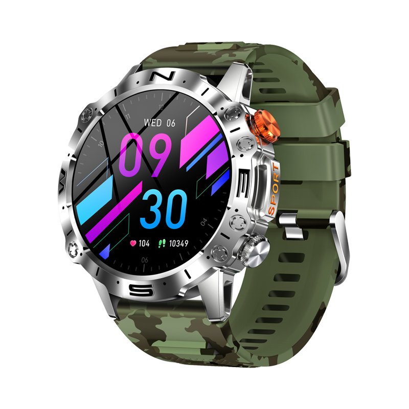Karen M Hot AMOLED Smart Watch K59 with Camouflage Strap, 1.43inch 466*466 Display 380mAh Battery Phone Call Fitness Smartwatch
