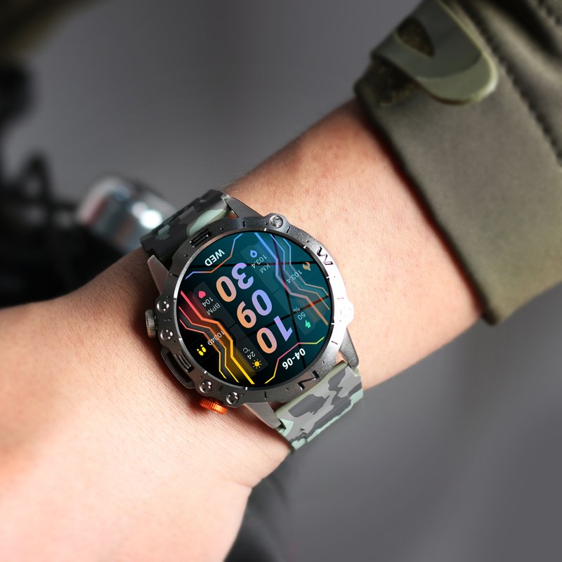 Karen M Hot AMOLED Smart Watch K59 with Camouflage Strap, 1.43inch 466*466 Display 380mAh Battery Phone Call Fitness Smartwatch