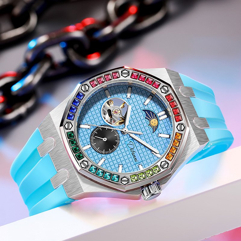 Watch Men Wrist Stainless Steel Diamond Rubber Multi-function Moon Mechanische Luxus Uhr Waterproof Men Custom Automatic Watch