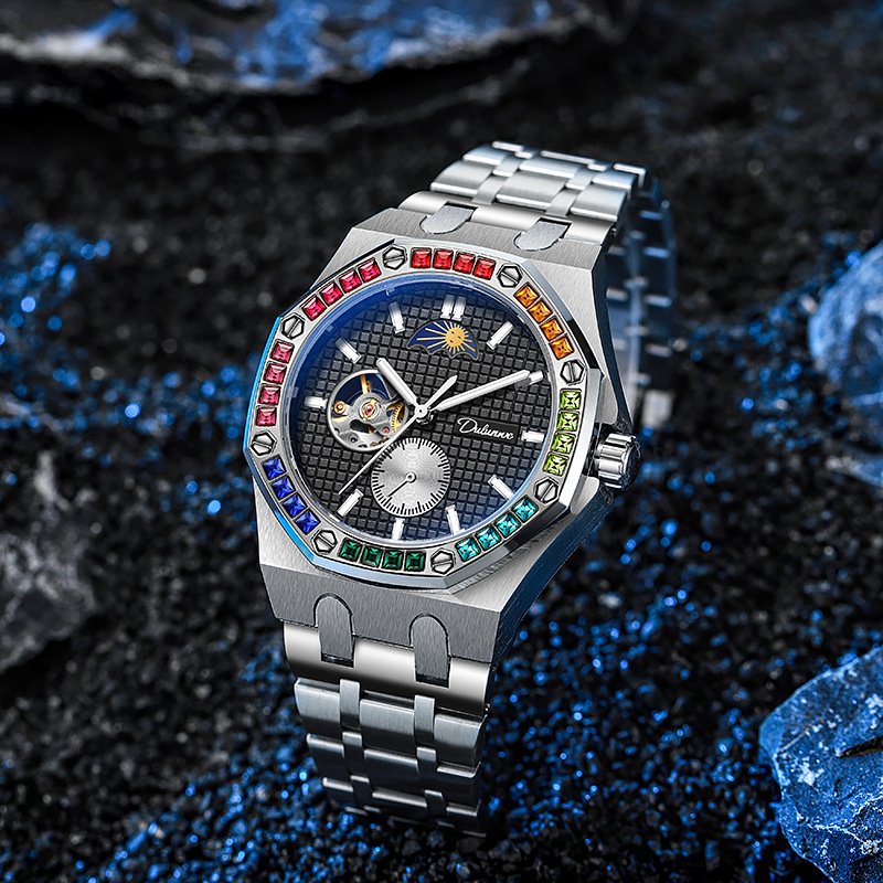 Watch Men Wrist Stainless Steel Diamond Rubber Multi-function Moon Mechanische Luxus Uhr Waterproof Men Custom Automatic Watch