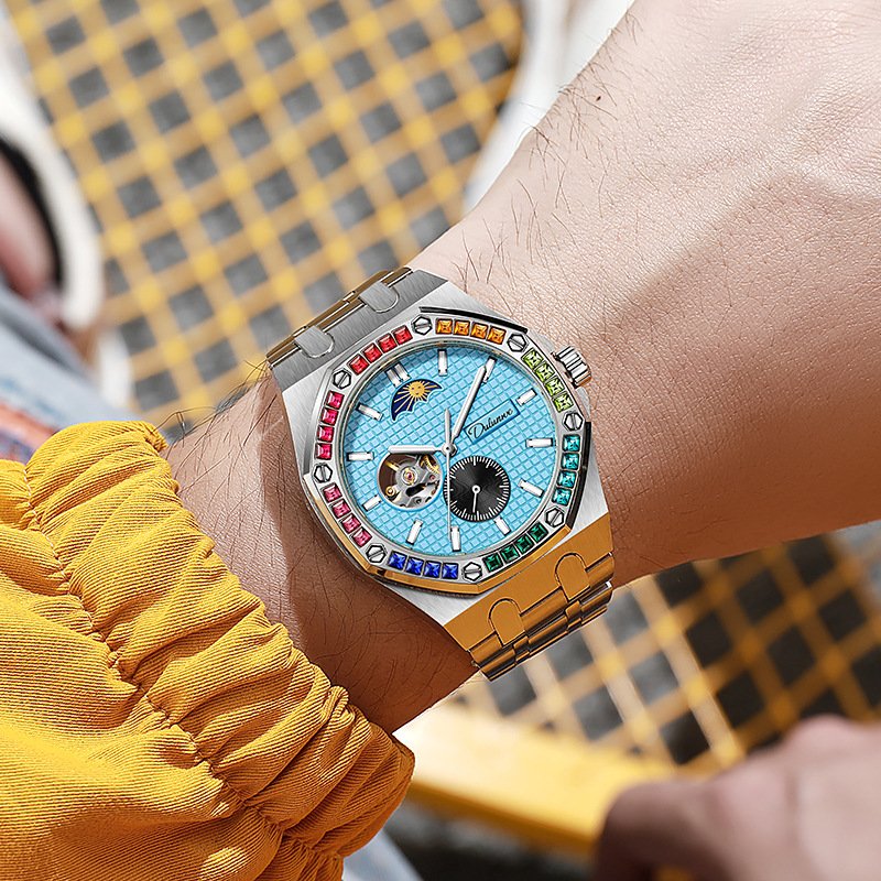 Watch Men Wrist Stainless Steel Diamond Rubber Multi-function Moon Mechanische Luxus Uhr Waterproof Men Custom Automatic Watch