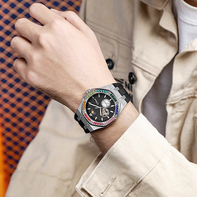 Watch Men Wrist Stainless Steel Diamond Rubber Multi-function Moon Mechanische Luxus Uhr Waterproof Men Custom Automatic Watch