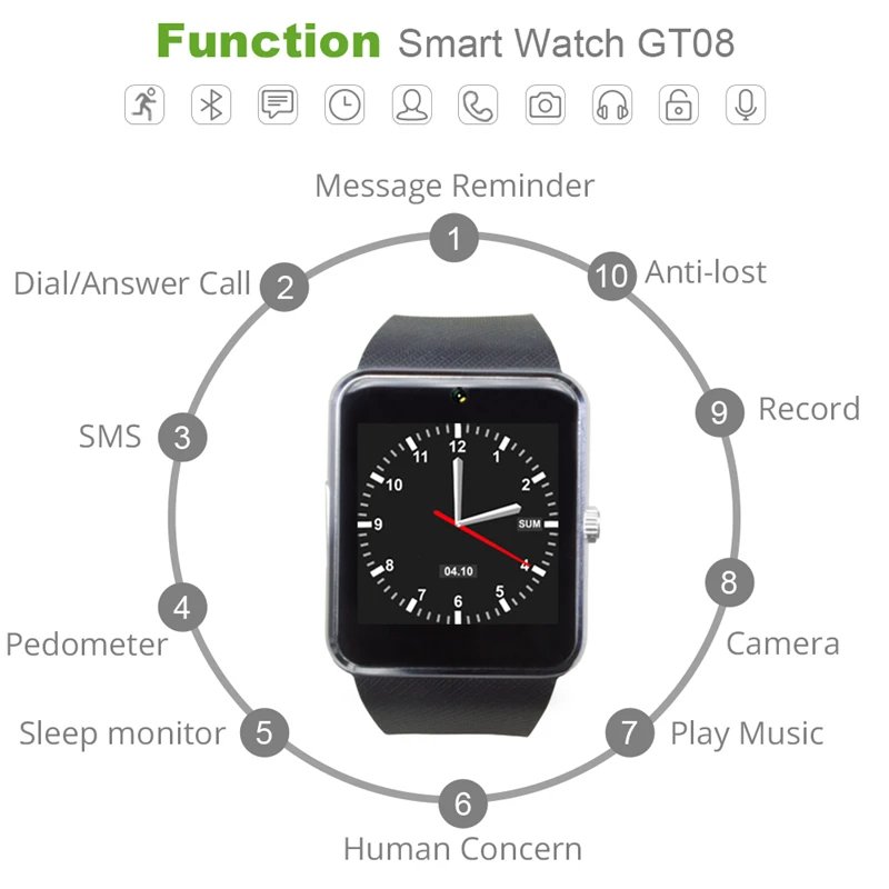 GT08 Smart Watch Touch Screen Sports Watch Sync Notifier With Music Camera Support Sim TF Card For IOS Android Phone Connected