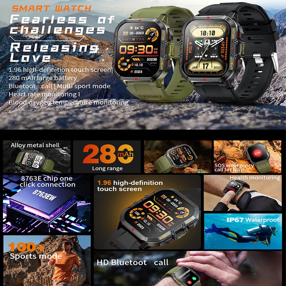 Reloj Inteligente Smart Watch 1.96 inch T21 Heart Rate 280 mah SOS call Outdoor Sport Watches for Man