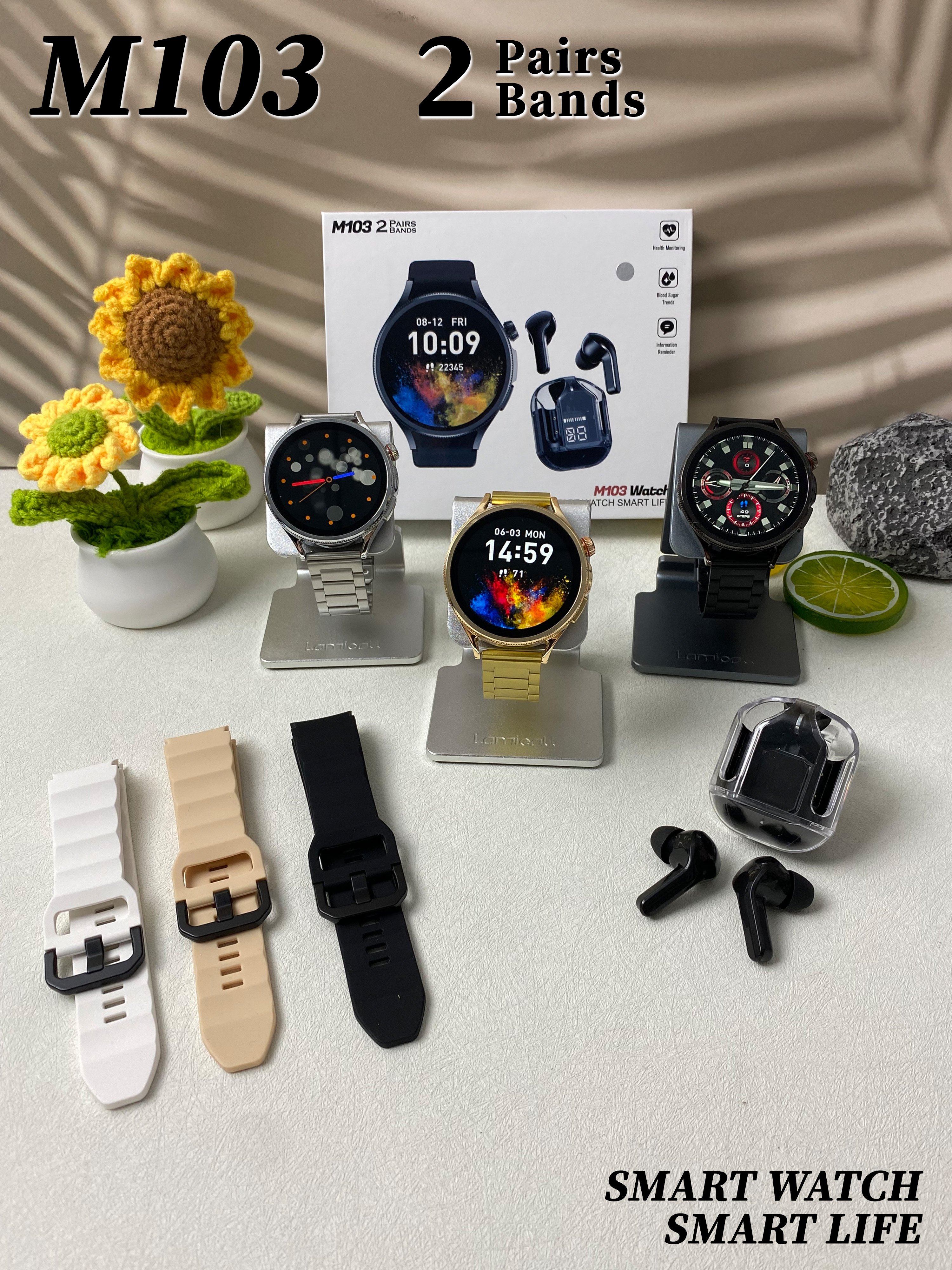 2024 latest M103 smartwatch ECG monitoring men women fitness monitor 1.5'' round smart watch with earbuds and double straps