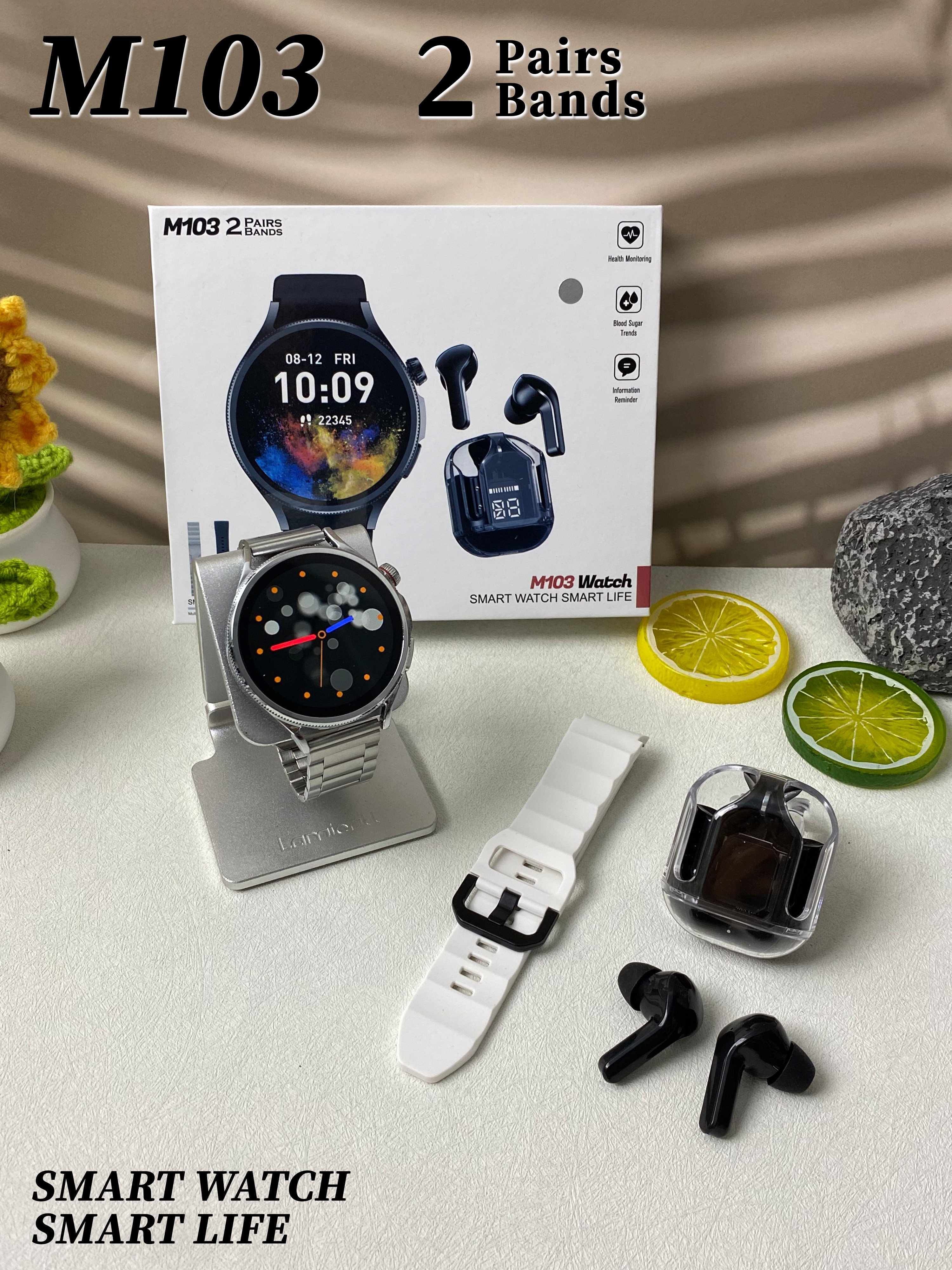 2024 latest M103 smartwatch ECG monitoring men women fitness monitor 1.5'' round smart watch with earbuds and double straps