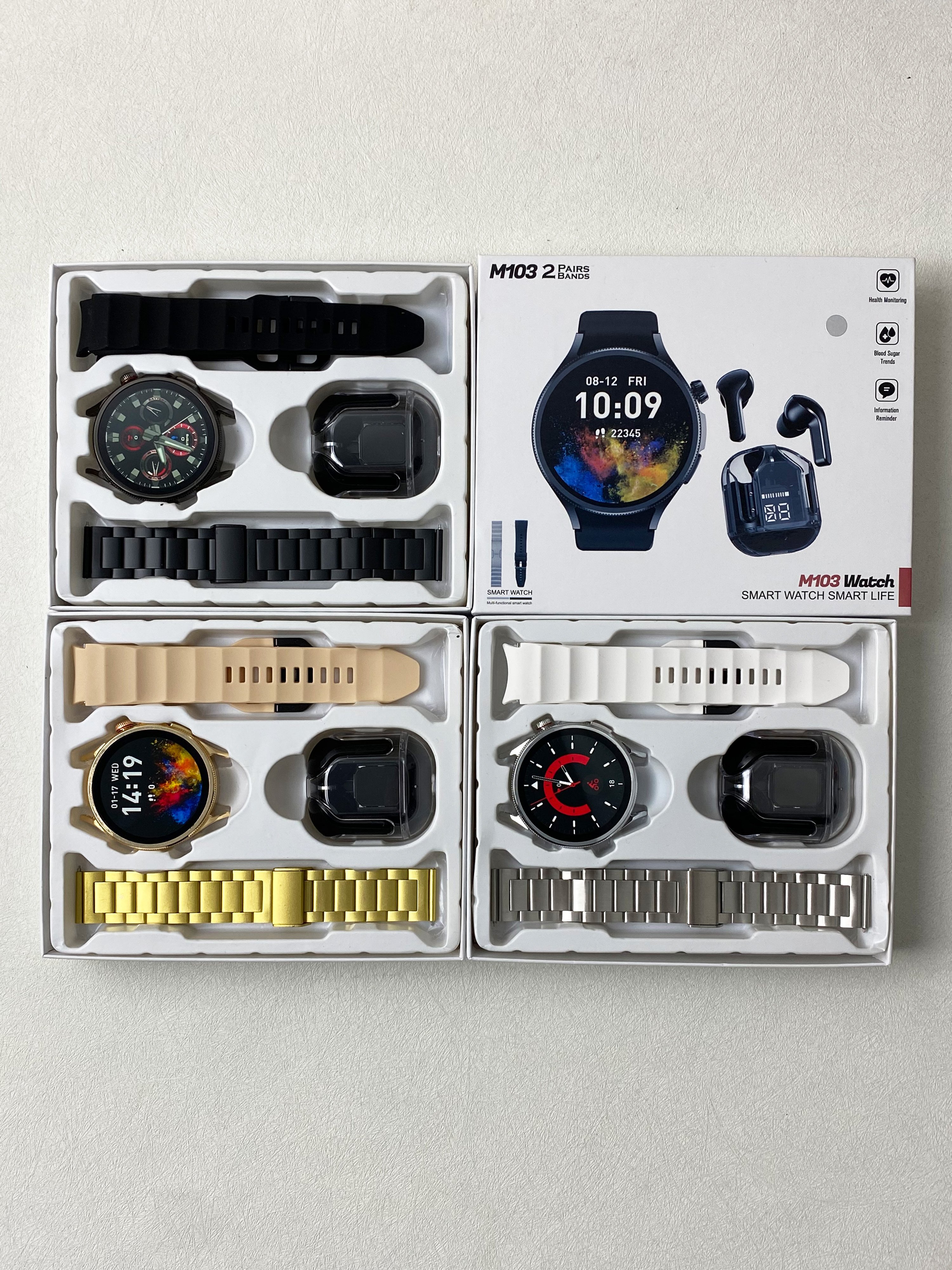 2024 latest M103 smartwatch ECG monitoring men women fitness monitor 1.5'' round smart watch with earbuds and double straps