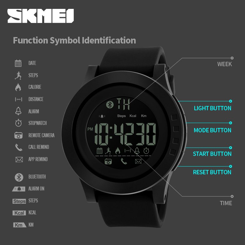 SKMEI 1255 Fashion Smart Watch For Men Brand Pedometer Calorie Remote Camera 50M Waterproof Sports Watches