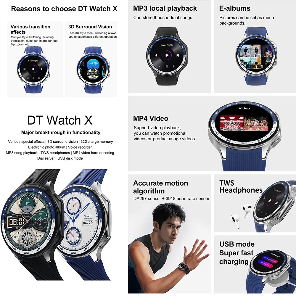2024 DT Watch X 4GB Large Memory Smartwatch 1.43Inch Screen Heart Rate BT Call Waterproof Fitness Sports Smart Watch for Men