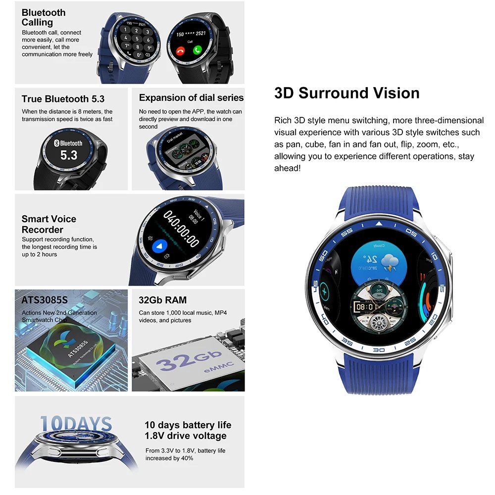 2024 DT Watch X 4GB Large Memory Smartwatch 1.43Inch Screen Heart Rate BT Call Waterproof Fitness Sports Smart Watch for Men