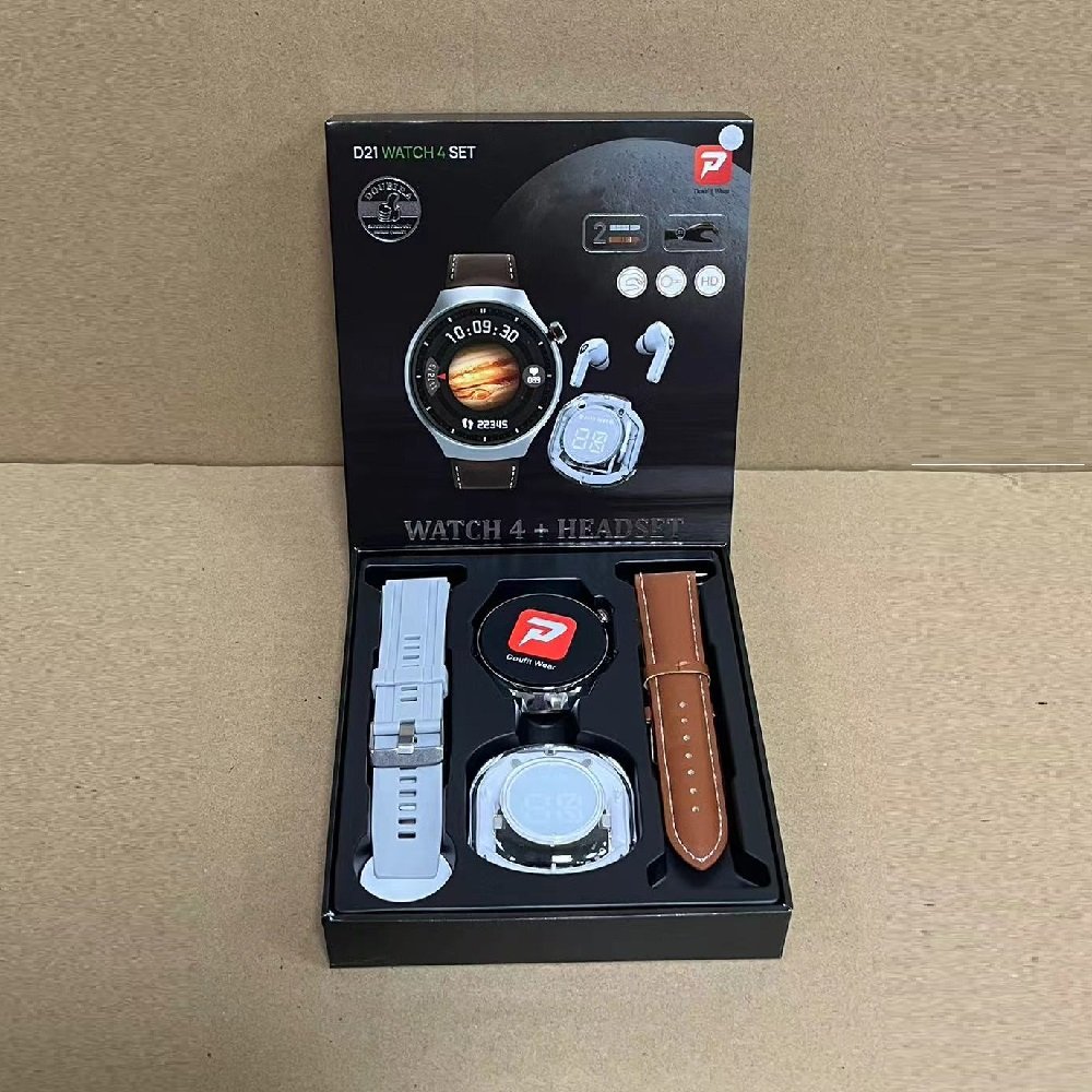 2024 D21 Watch 4 Set Men Smart Watch Leather Strap BT Call Waterproof 1.28 Inch Round Screen Dual Strap Smart Watch