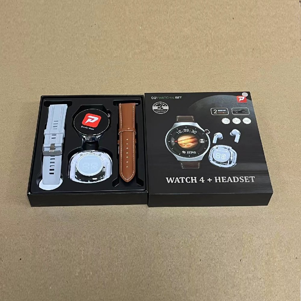 2024 D21 Watch 4 Set Men Smart Watch Leather Strap BT Call Waterproof 1.28 Inch Round Screen Dual Strap Smart Watch