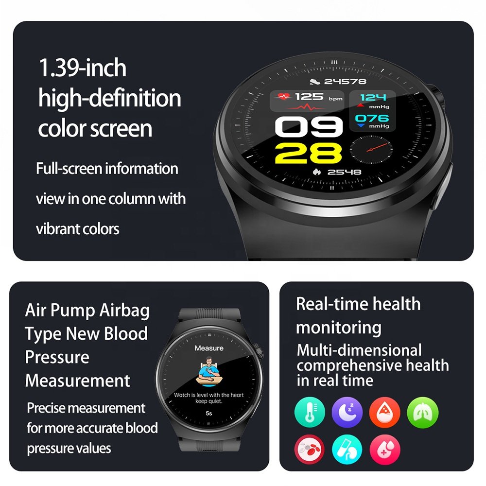 1.39" Round Air Pump Airbag Blood Pressure Measurement Smartwatch Health Tracker Body Temperature ECG Monitoring S28 Smart Watch