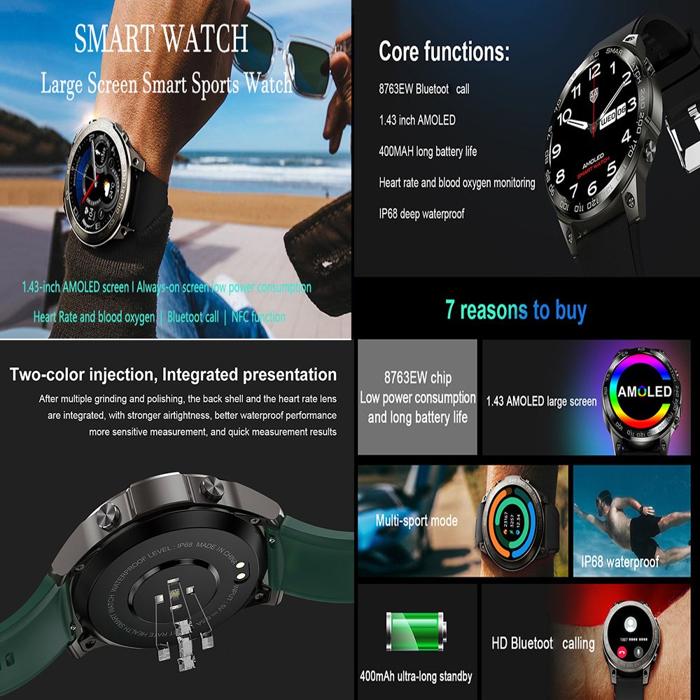 DM50 NFC AMOLED 1.43 inch 466*466 HD Large screen 400mah battery Blood Pressure Oxygen Monitor Premium Smart watch