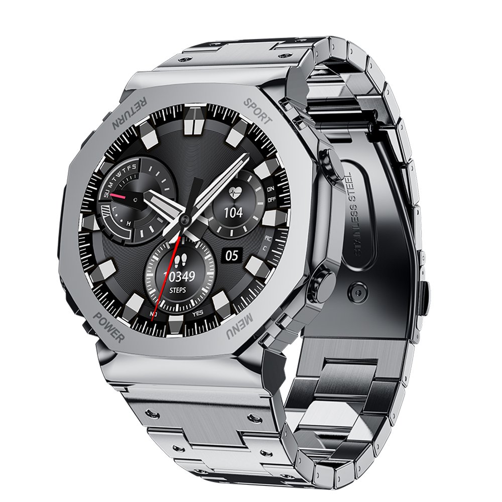 2024 New AW51 Smart watch 1.32inch Amoled BT call Voice assistant Heart rate Sport luxury business Steel strap smartwatch