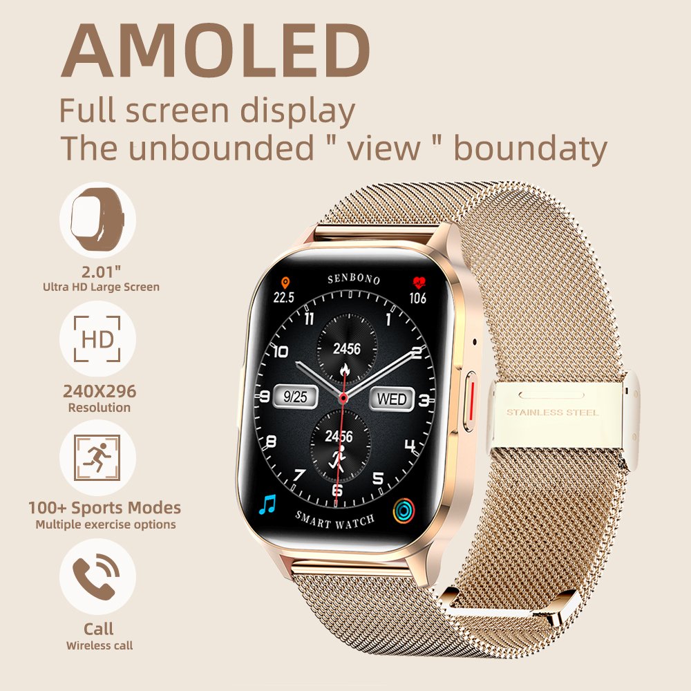 SENBONO Air3 stainless steel Smart watch women square AMOLED screen BT Call blood pressure Heart rate Smartwatch for Android iOS