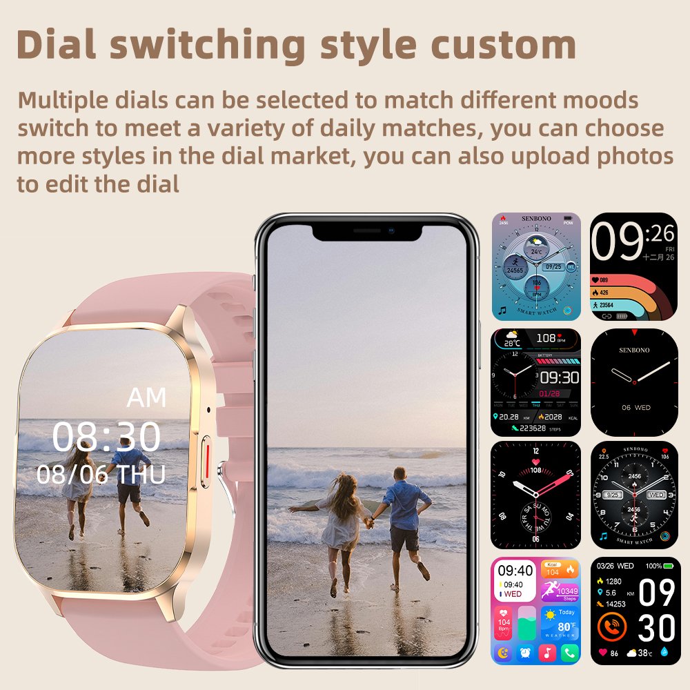 SENBONO Air3 stainless steel Smart watch women square AMOLED screen BT Call blood pressure Heart rate Smartwatch for Android iOS