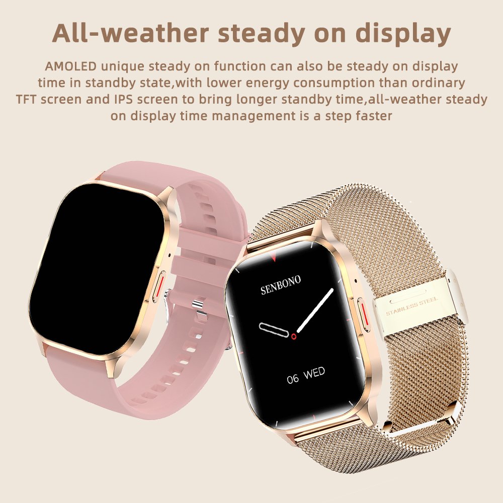 SENBONO Air3 stainless steel Smart watch women square AMOLED screen BT Call blood pressure Heart rate Smartwatch for Android iOS