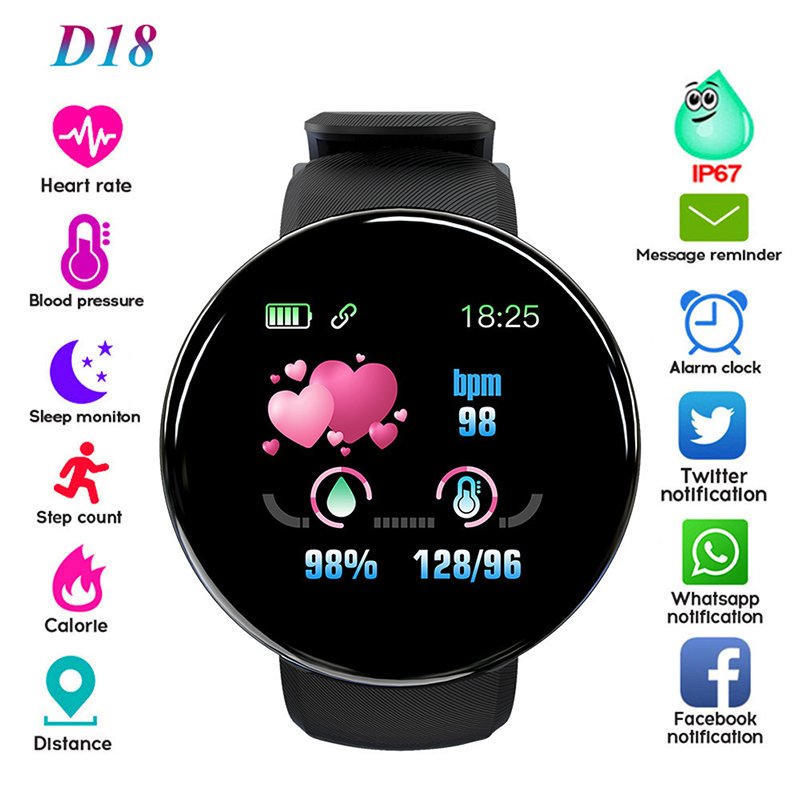 D18 Smart Watch For Ladies Blue tooth Fitness Tracker Digital Watches Men Smartwatch Blood Pressure IOS Android Smart Bracelet