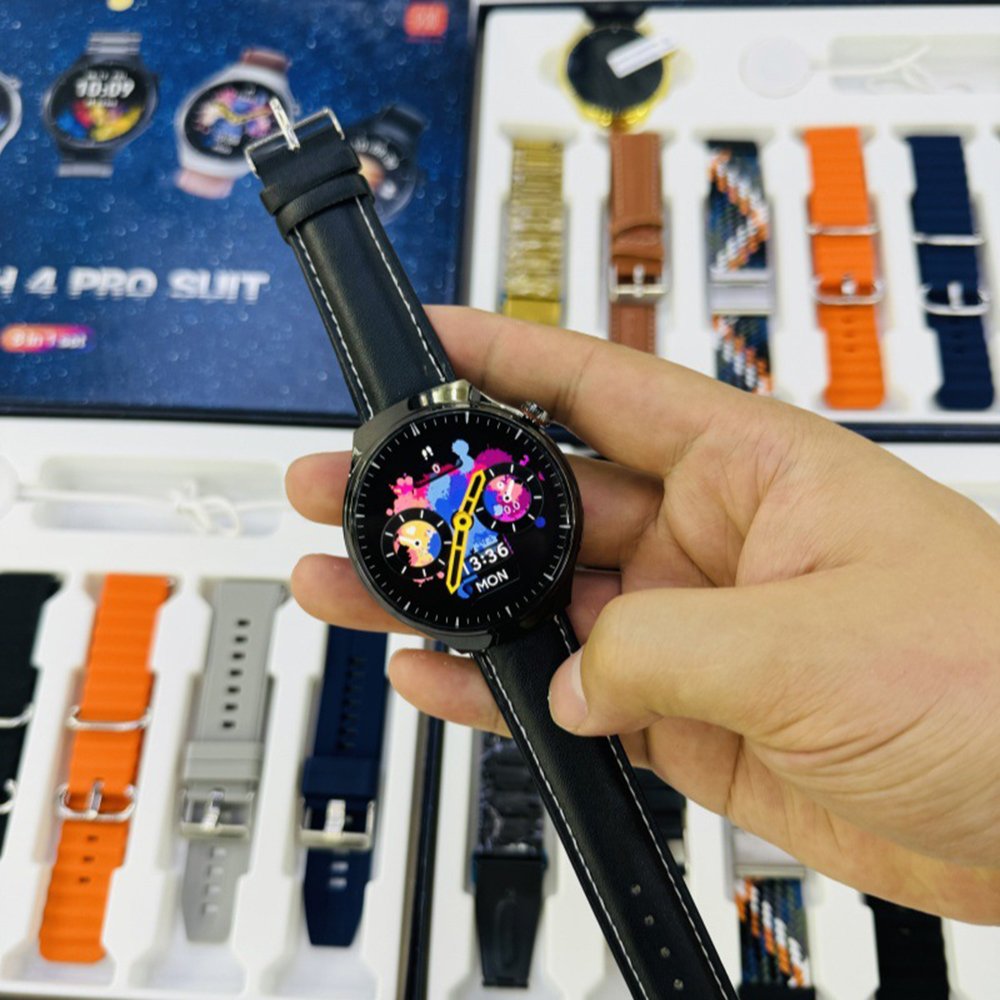 Watch 4 pro suit 7in1 Strap set Smartwatch 2024 Reloj inteligentes Round Montres intelligentes 7 in 1 Smart watch with 7 straps