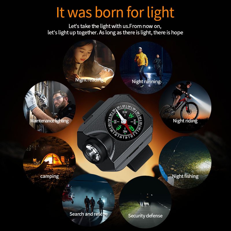 Portable Rechargeable Waterproof Mens' Sports Flashlight Led Watch With Tactical Compass For Outdoor Running Hiking Camping Gift