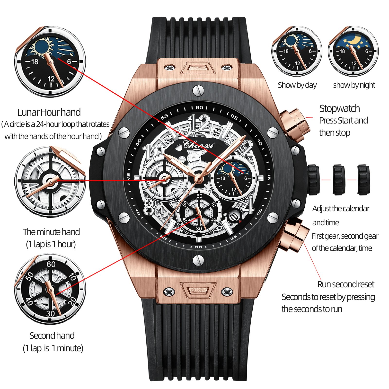 Watches Men Wrist Custom Moon Phase Chronograpy Multi-function Reloj Luminous Waterproof Silicone hommes Luxury Quartz Watch