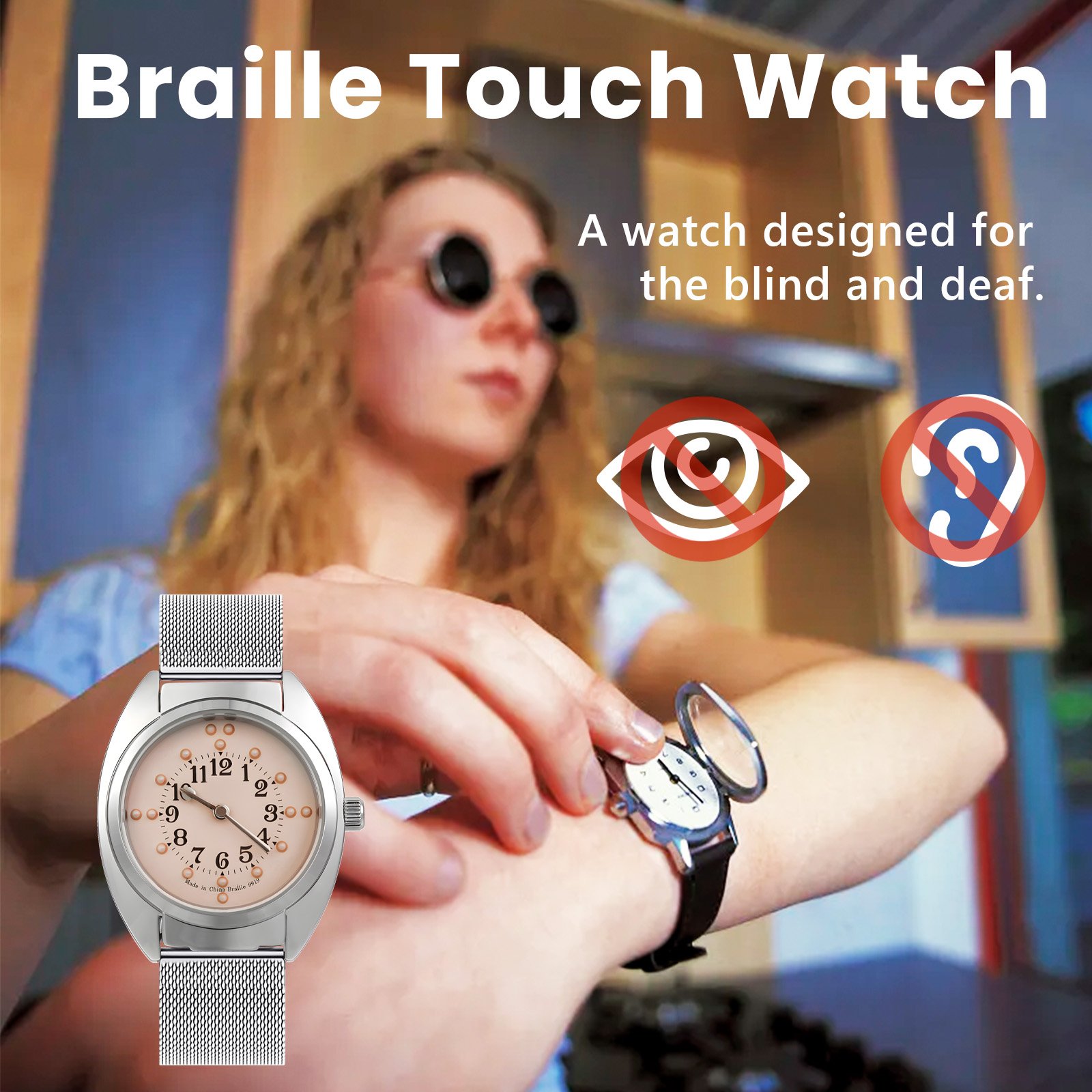 Unisex Braille Watch Chrome Steel Mesh Band-White Dial for blind people or visually impaired people or old people