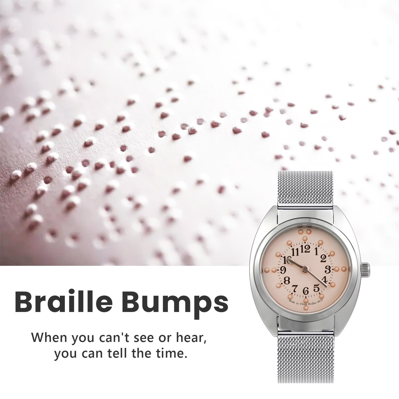 Unisex Braille Watch Chrome Steel Mesh Band-White Dial for blind people or visually impaired people or old people