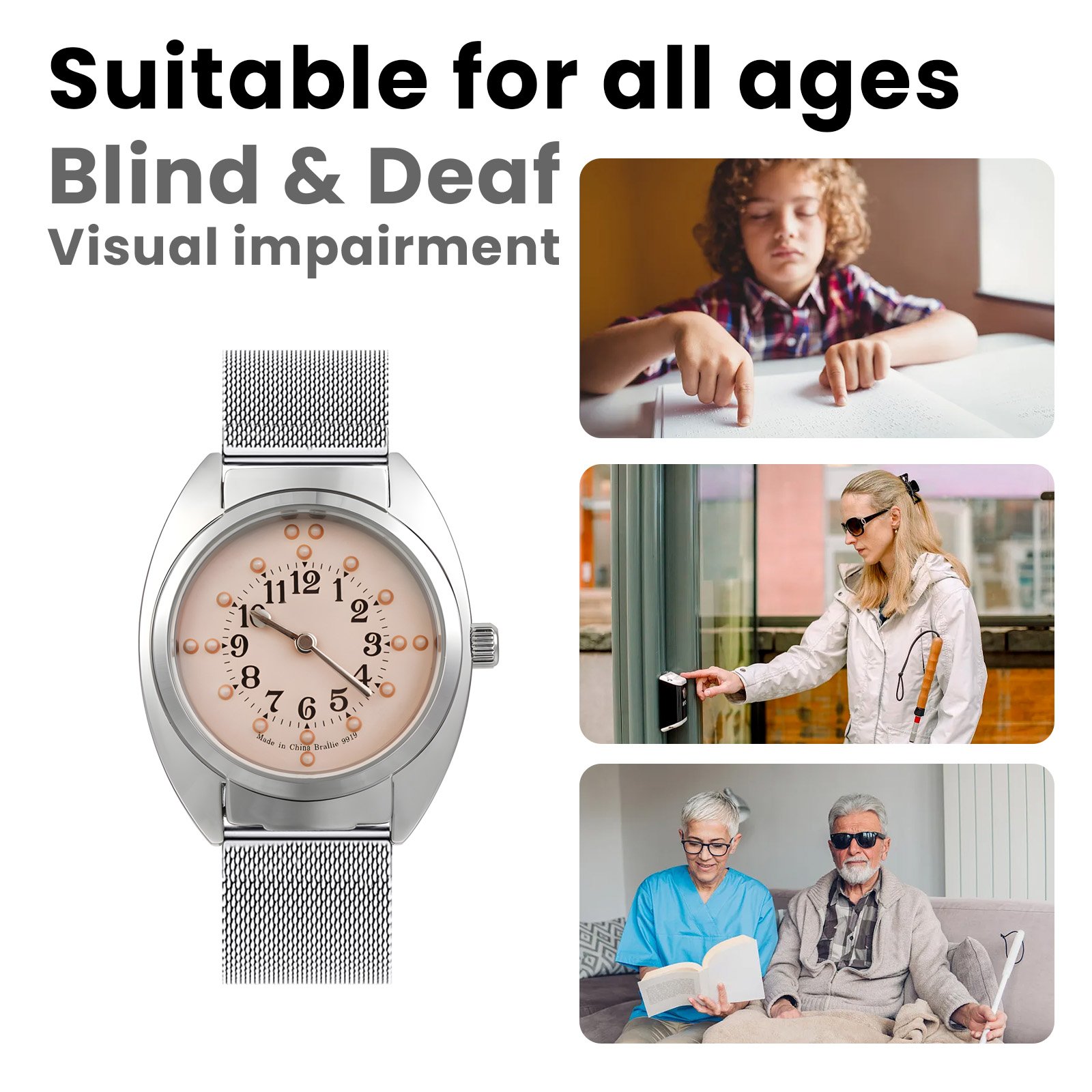 Unisex Braille Watch Chrome Steel Mesh Band-White Dial for blind people or visually impaired people or old people