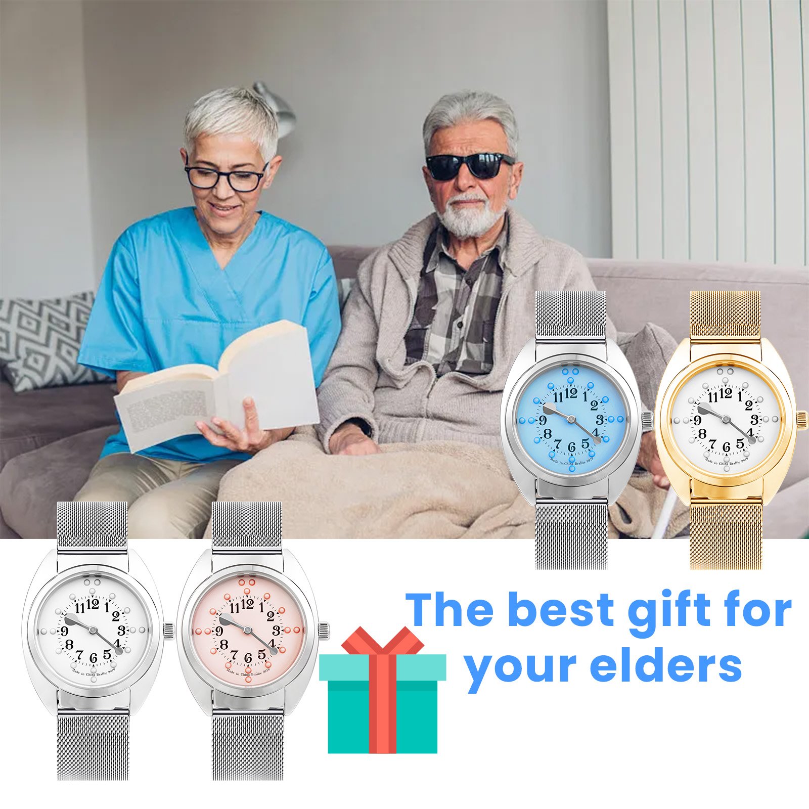 Unisex Braille Watch Chrome Steel Mesh Band-White Dial for blind people or visually impaired people or old people