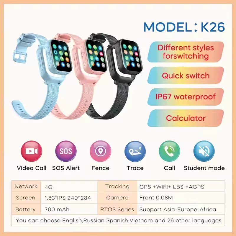 2024 Kids Smartwatch GPS+LBS+AGPS+Wifi Positioning 4G Video Call with Sim Card K26 Smart Watch Xmas Gift Set