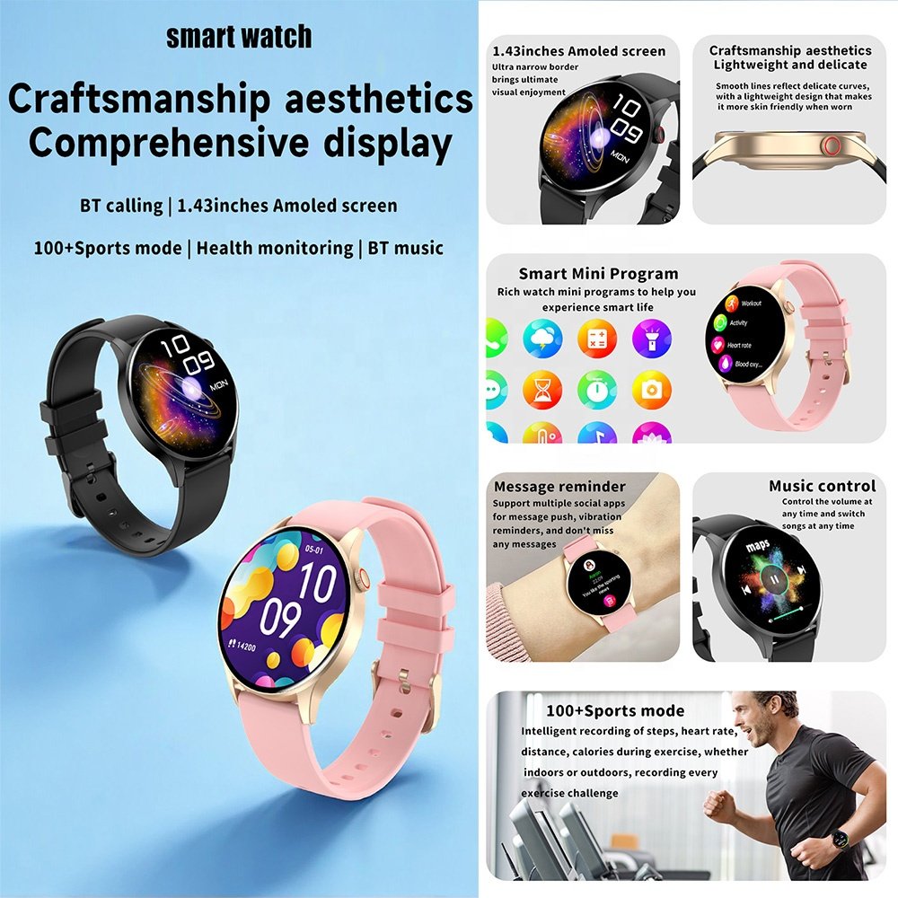 Top quality AMOLED screen New Fashion Smart Watch Men Women Waterproof Heart Rate Tracker Sport Smartwatch