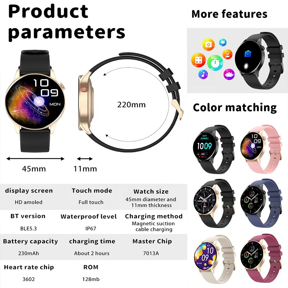 Top quality AMOLED screen New Fashion Smart Watch Men Women Waterproof Heart Rate Tracker Sport Smartwatch
