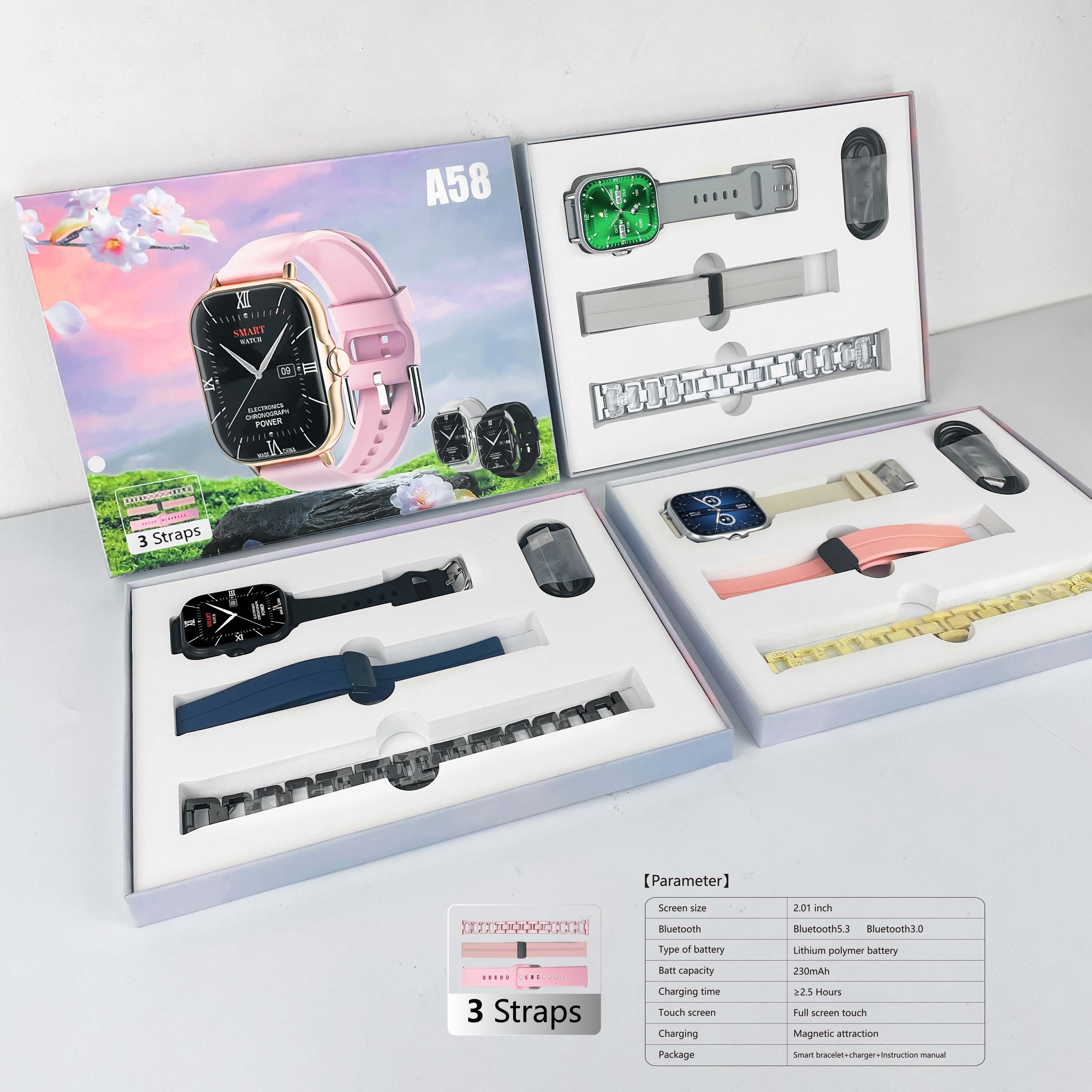 Hot 7 in 1 Strap A58 plus Smart Watch 2.01inch Square Silicone Strap Quartz Lady Watch Necklace Ring A59 Plus Women Smartwatch