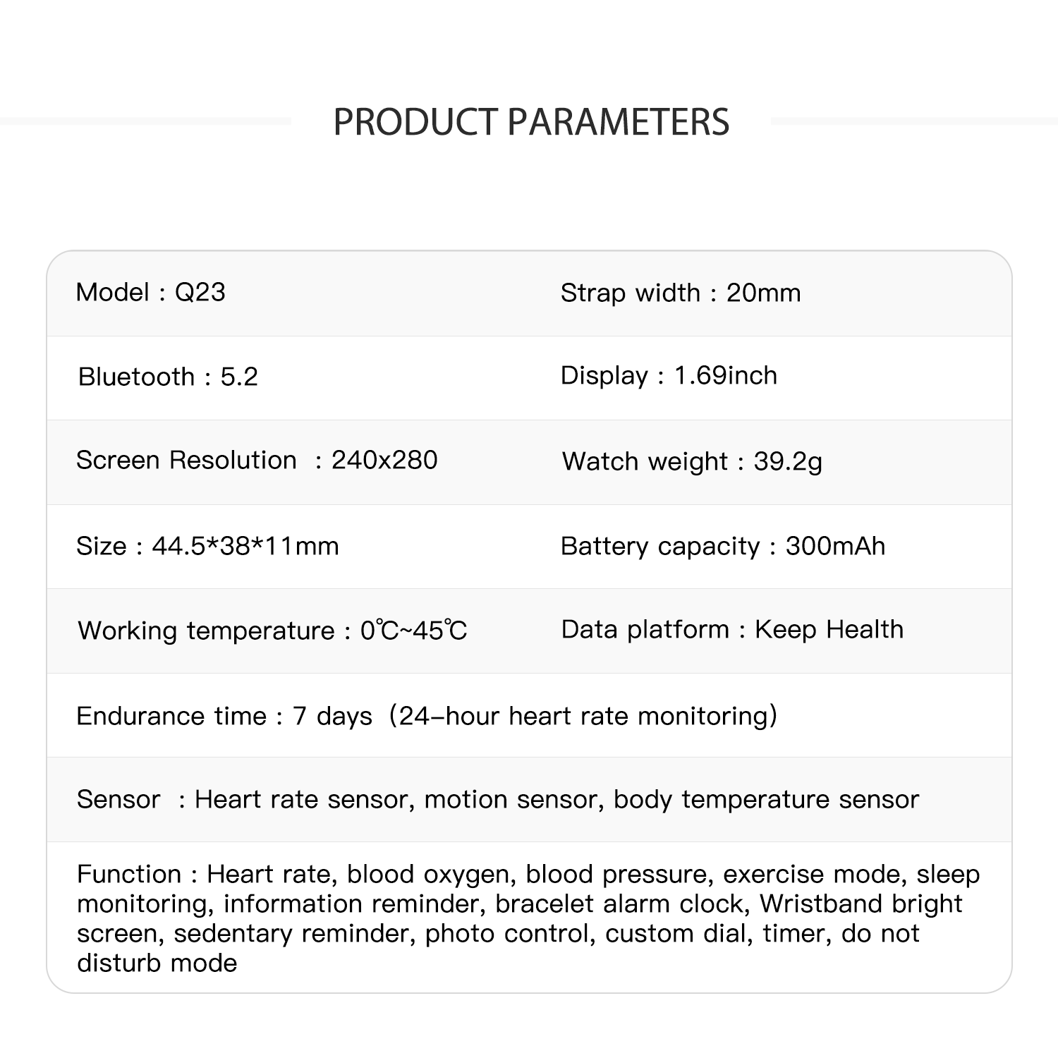 Q23 Long battery life Full Touch Smart watch IP67 Waterproof reloj inteligente Sports Heart rate BT 5.2 Call Smartwatch