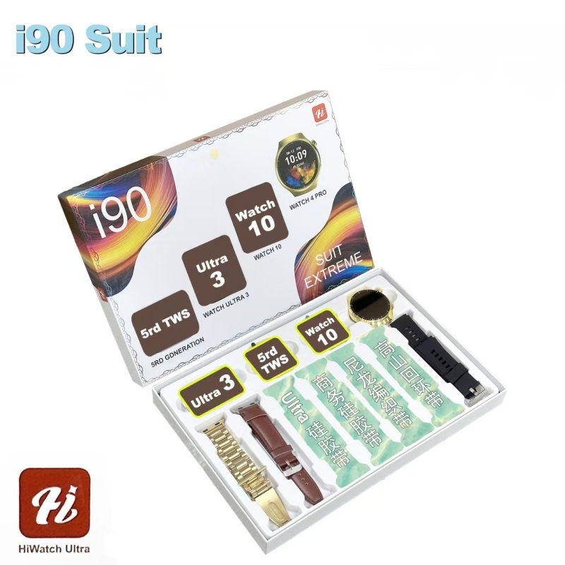 3 watches 7 bands smartwatch with earphone hiwatch ultra app all in one package sports alloy wireless charge i90 smart watch