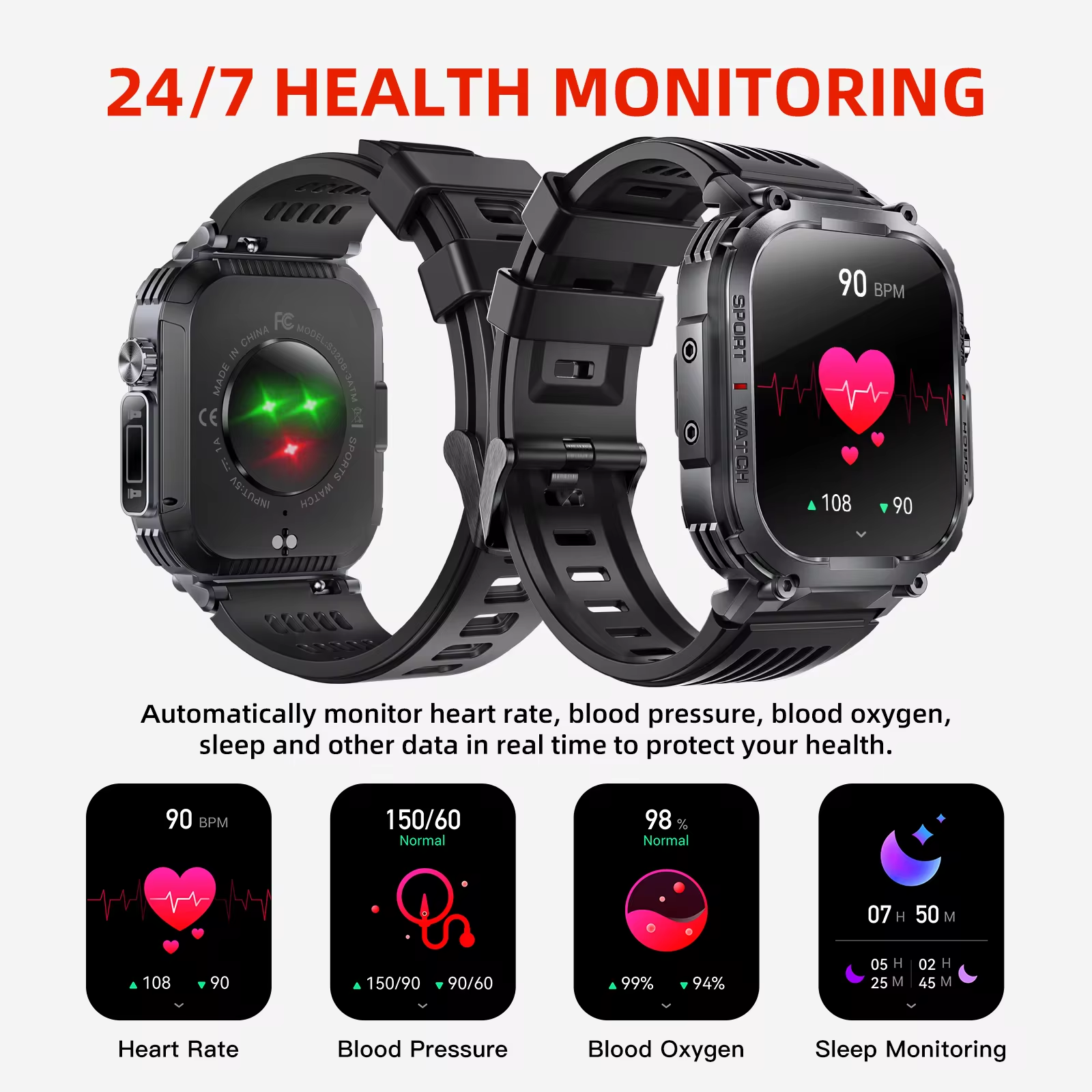 2024 Men's Smartwatch S320B watch With LED Lighting Function Compass 2.02 Inch TFT Sports Outdoor Fitness Band Music Control
