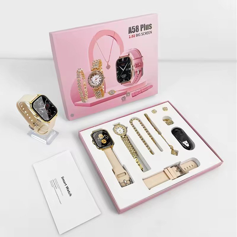 A58 PLUS Set 8 In 1 2 Strap Ring Earring Touch Screen Fitness Tracker Girl Ladies Smart Watch For Women