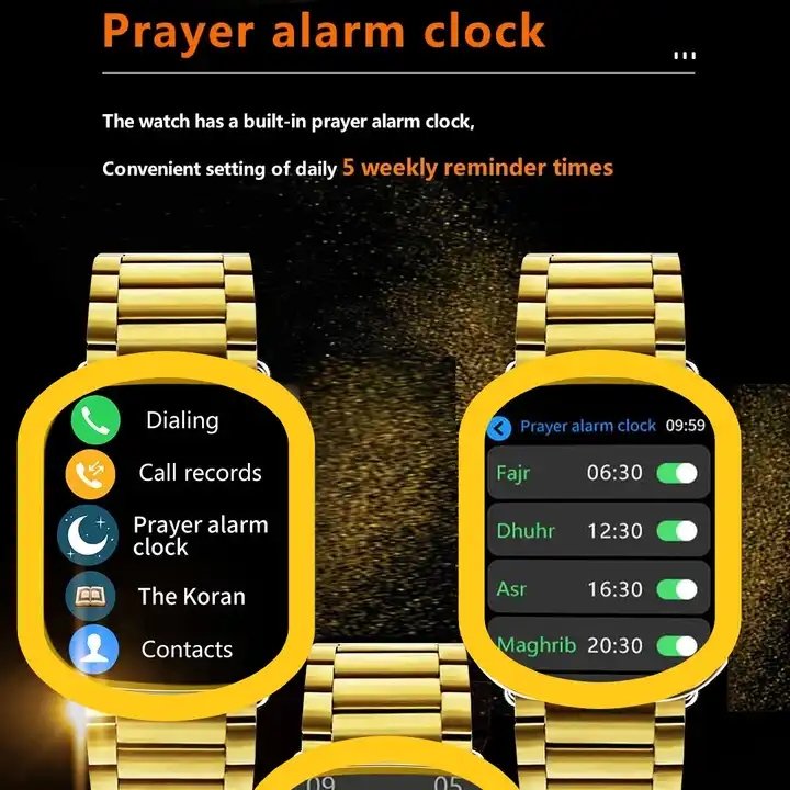 Koran Prayer Alarm Reminder Watch Gold Watchband Muslim Prayer Quran Time Smart Watches M9 Ultra Max for Islamic Muslim Moslem